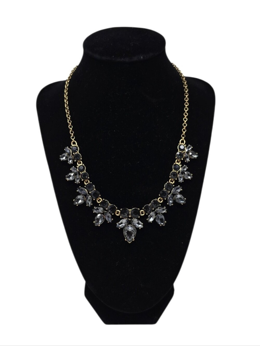 J Crew Smoky Gray Crystal Statement Bib Necklace Gold Tone Chain